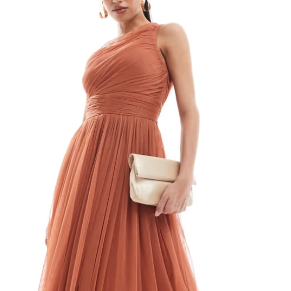 BRAND NEW - Lace & Beads Bridesmaid one shoulder tulle maxi dress in terracotta